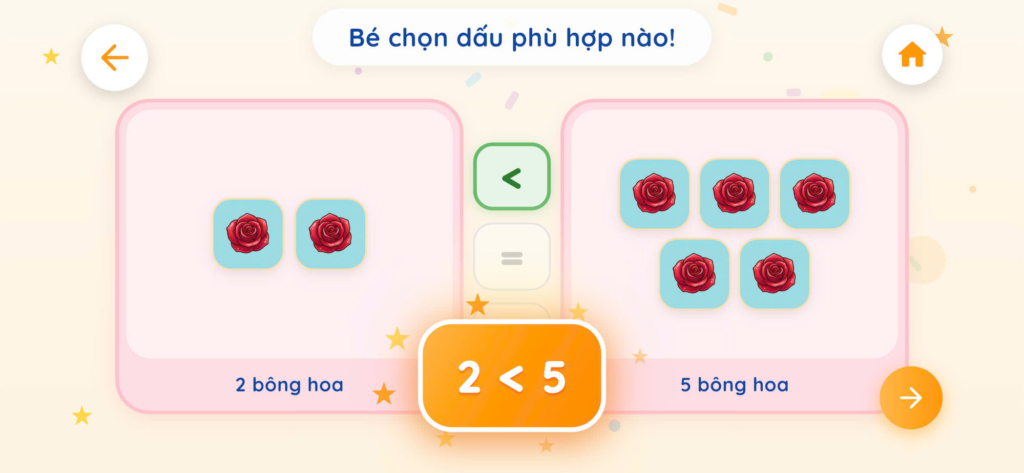 Bé so sánh 2 bông hoa với 5 bông hoa trong Ai nhiều hơn