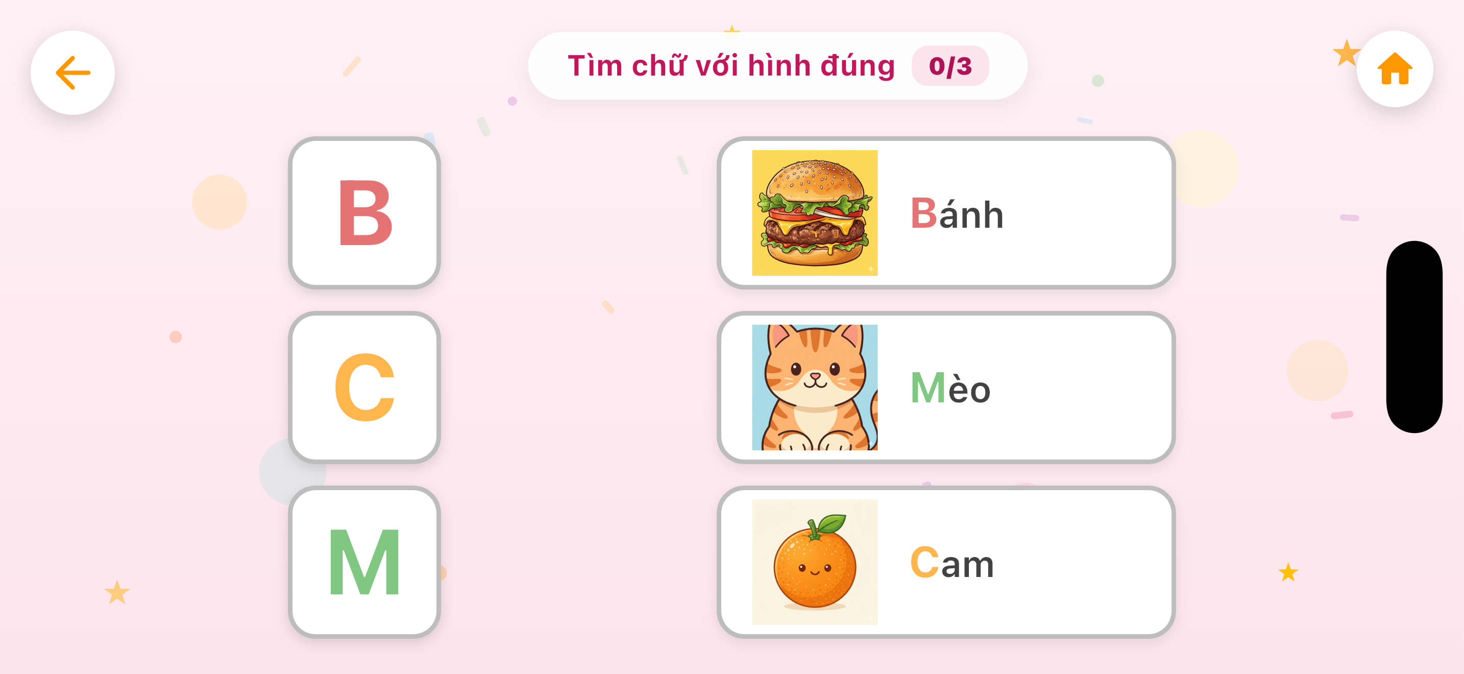 Bé ghép chữ B với hình bánh, M với mèo, C với cam trong Chữ tìm bạn