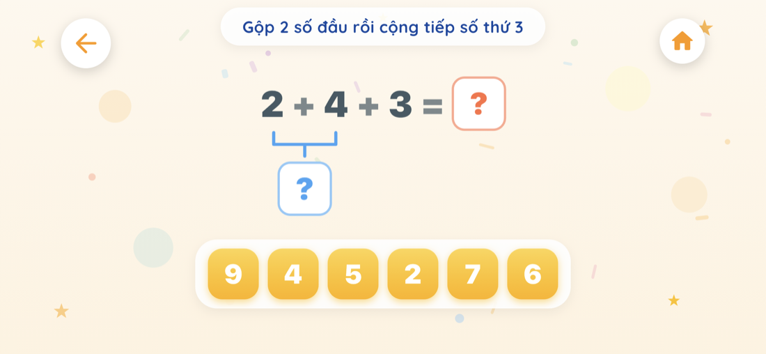 Trò chơi Cộng trừ 3 số — gộp 2 số đầu (2+4) rồi cộng tiếp số thứ 3