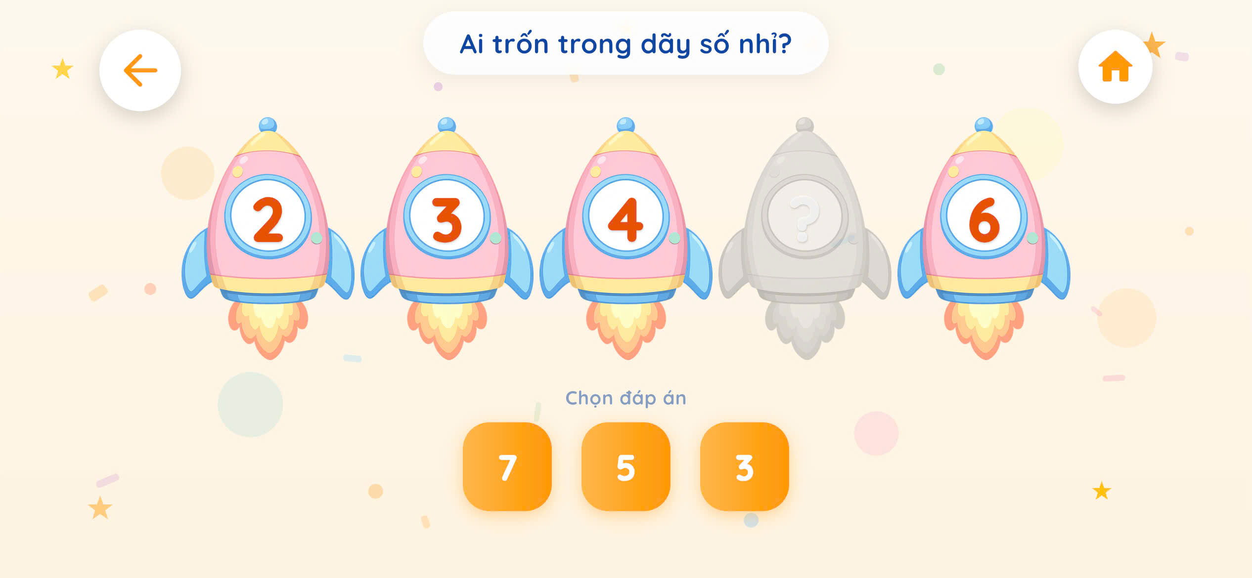 Bé tìm số còn thiếu trong dãy 2, 3, 4, ?, 6 — trò chơi Dãy số kỳ diệu