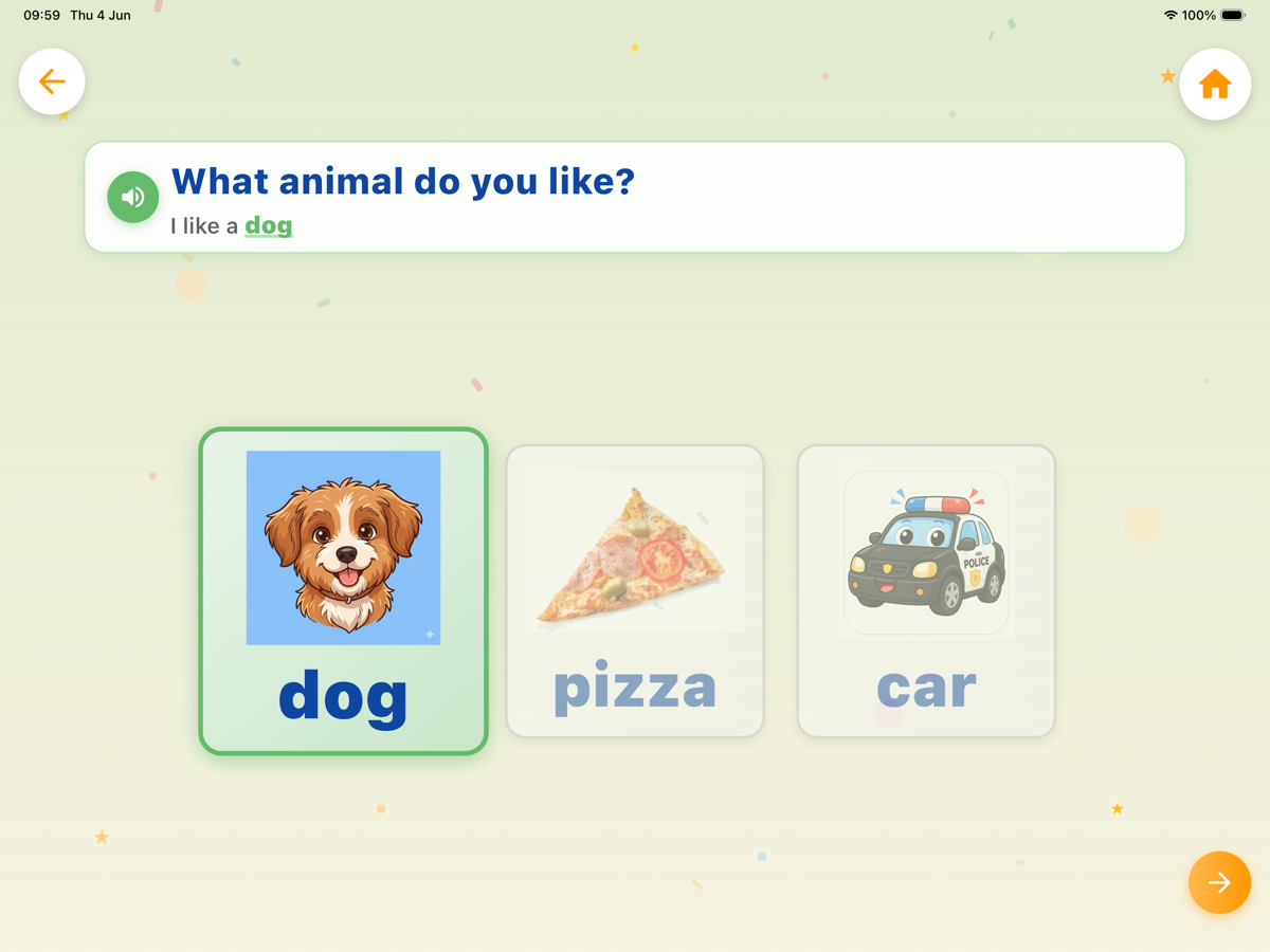 Bé trả lời 'I like a dog' cho câu hỏi tiếng Anh trong Kiddy Brain