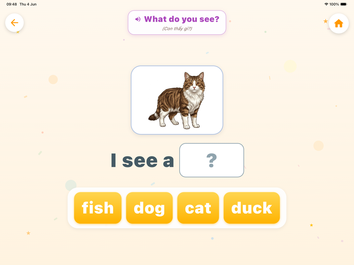 Bé ghép câu tiếng Anh 'I see a ___' bằng thẻ từ trong Kiddy Brain