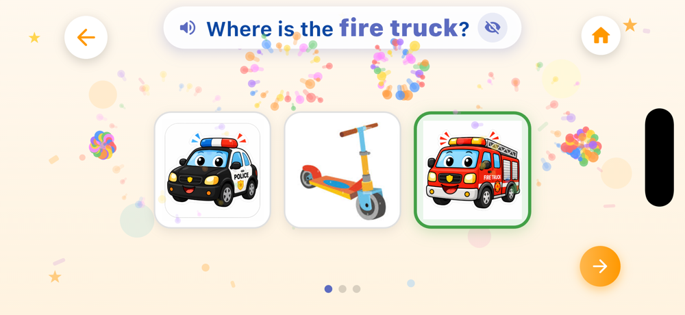 Bé nghe 'Where is the fire truck?' và chọn xe cứu hỏa trong Nghe & Chạm trên iPhone