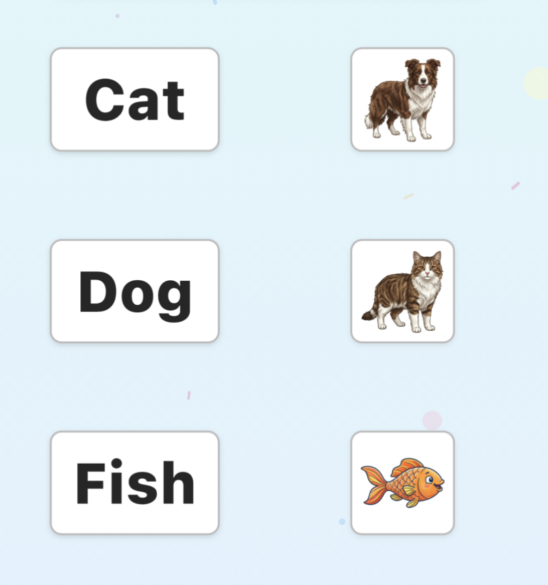 Bé nối từ Cat, Dog, Fish với hình con vật tương ứng trong trò chơi Nối từ