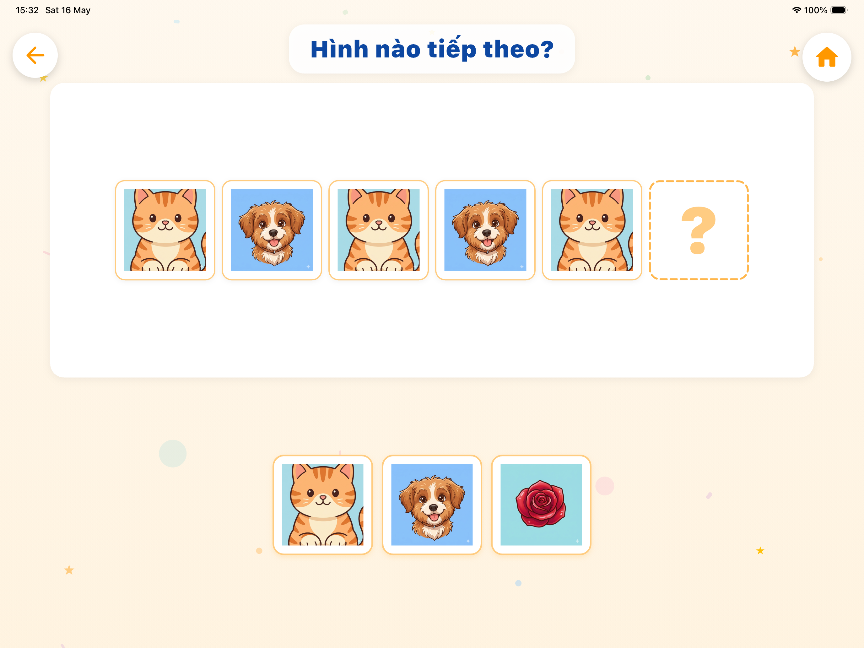 Trò chơi 'Hình nào tiếp theo?' — bé đoán quy luật mèo/chó trên iPad