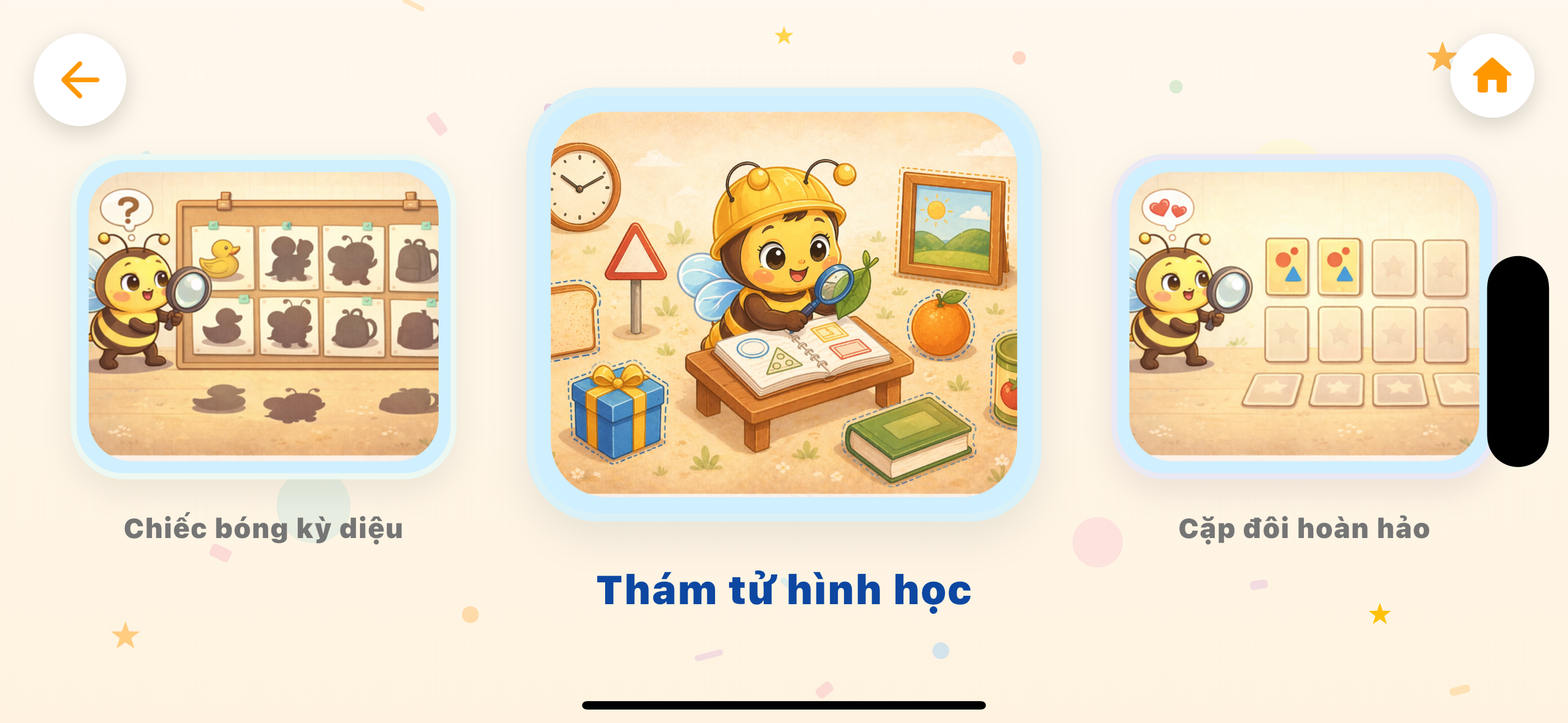 Menu nhóm 'Thám tử hình học' — bé chọn trò chơi nhận biết hình trên iPhone