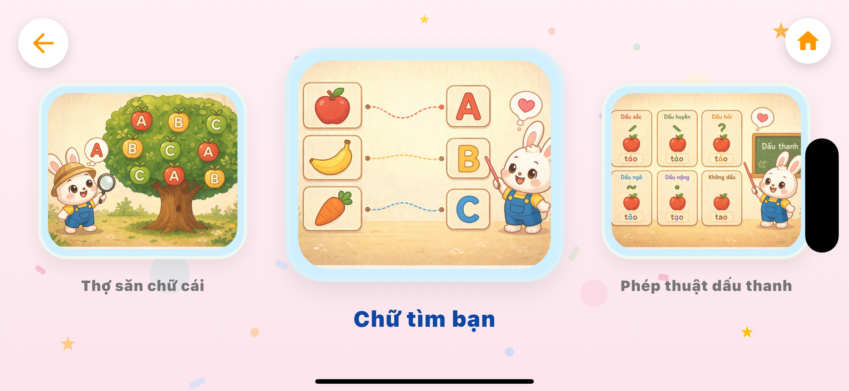Menu nhóm 'Chữ tìm bạn' — bé chọn trò chơi học chữ trên iPhone