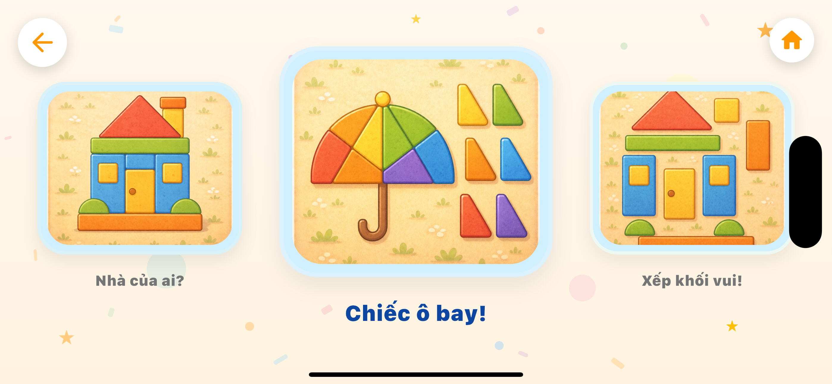 Menu nhóm 'Chiếc ô bay!' — bé chọn trò chơi ghép hình trên iPhone