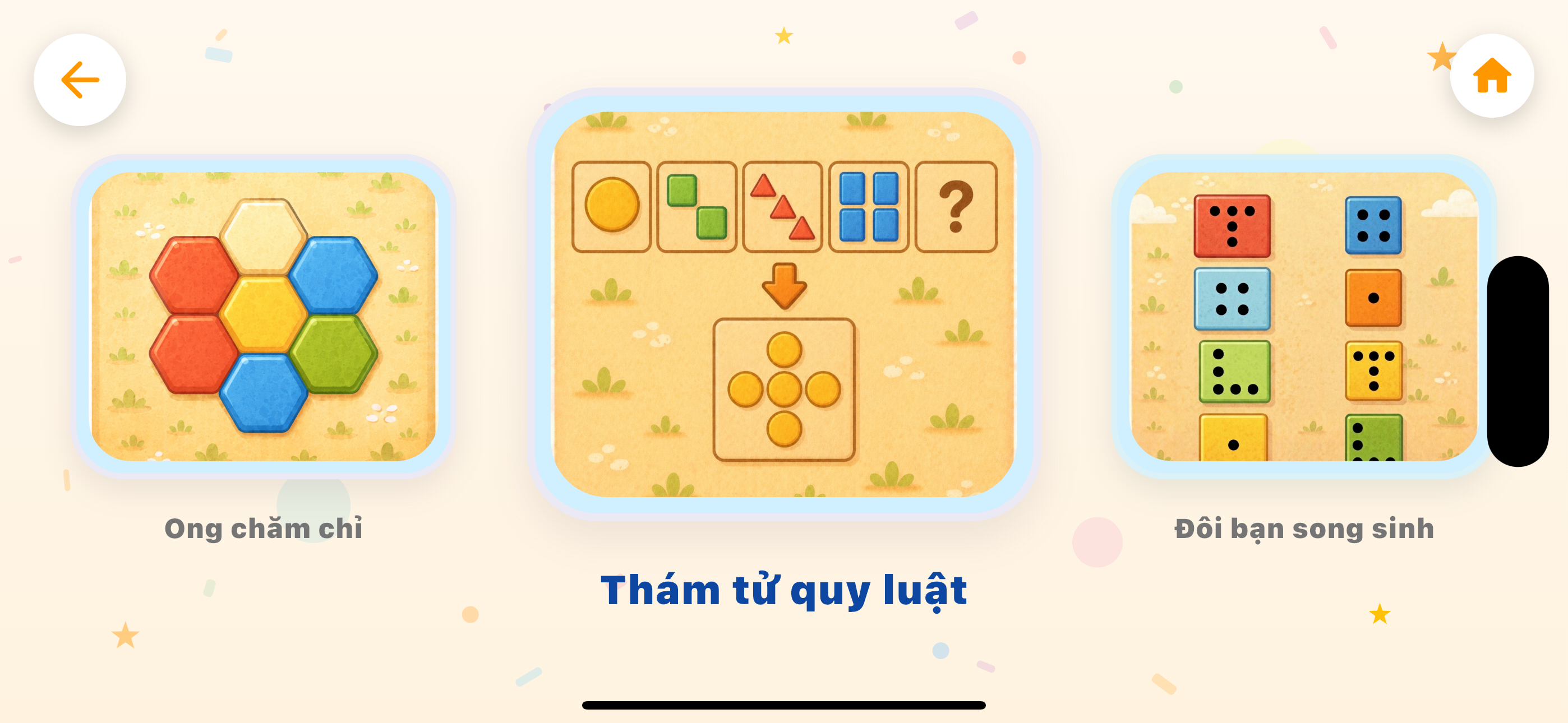 Menu nhóm 'Thám tử quy luật' — bé chọn trò chơi tư duy logic trên iPhone