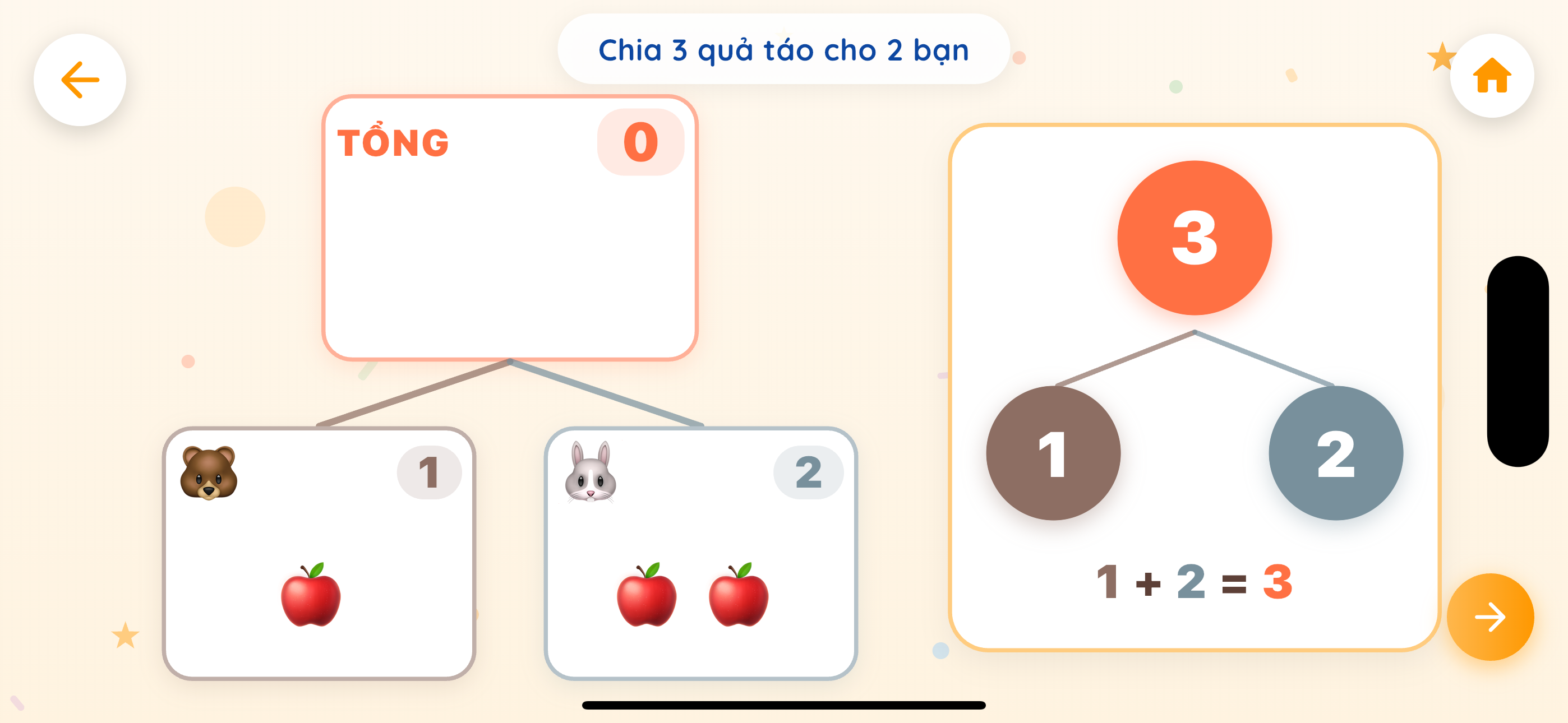 Trò chơi Tách gộp vui — chia 3 quả táo cho bạn gấu và bạn thỏ