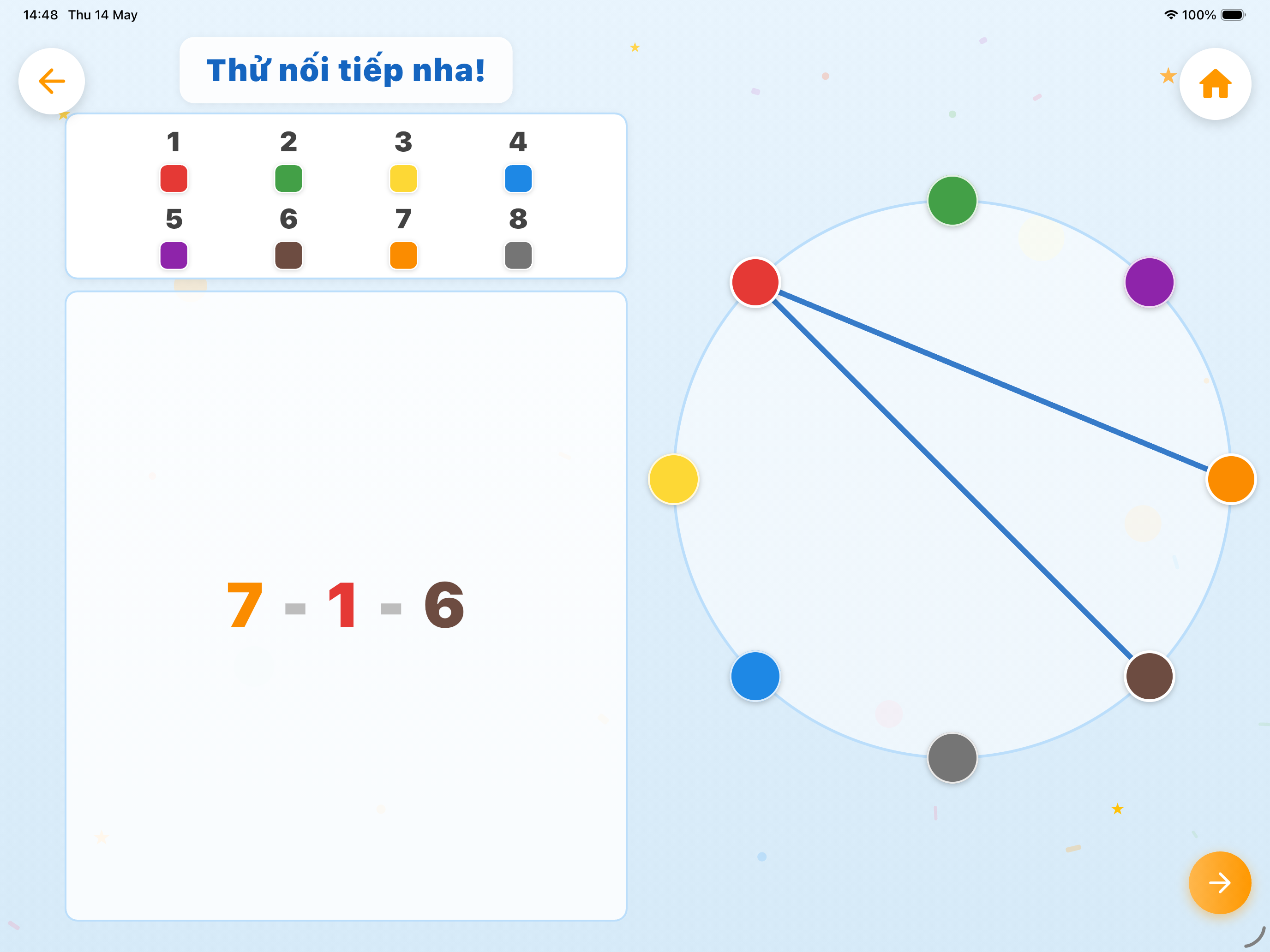 Bé nối các điểm màu theo thứ tự 7-1-6 trong Vòng xoay màu sắc